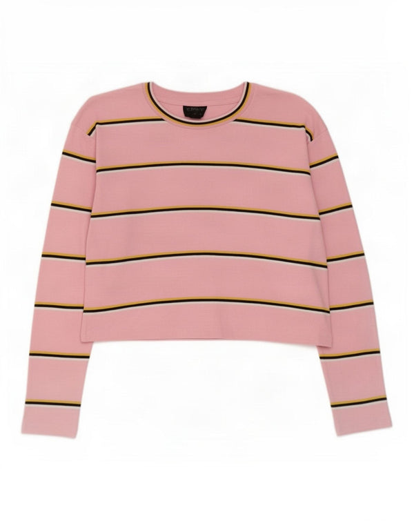Topshop Donna Crop Top Manica Lunga UK 4 XS Cotone a Righe Rosa