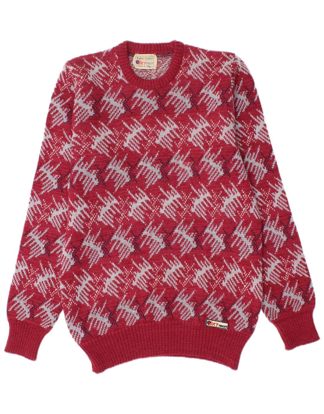 Viky Tricot Maglione da uomo girocollo maglione piccolo rosso geometrico in lana vergine