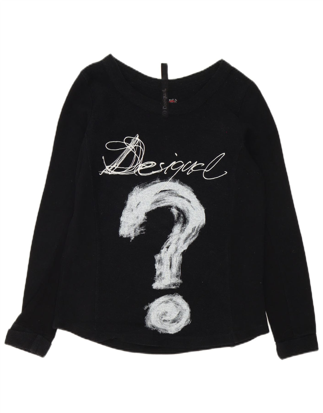 Desigual Donna Graphic Top Manica Lunga UK 14 Medio Nero Cotone