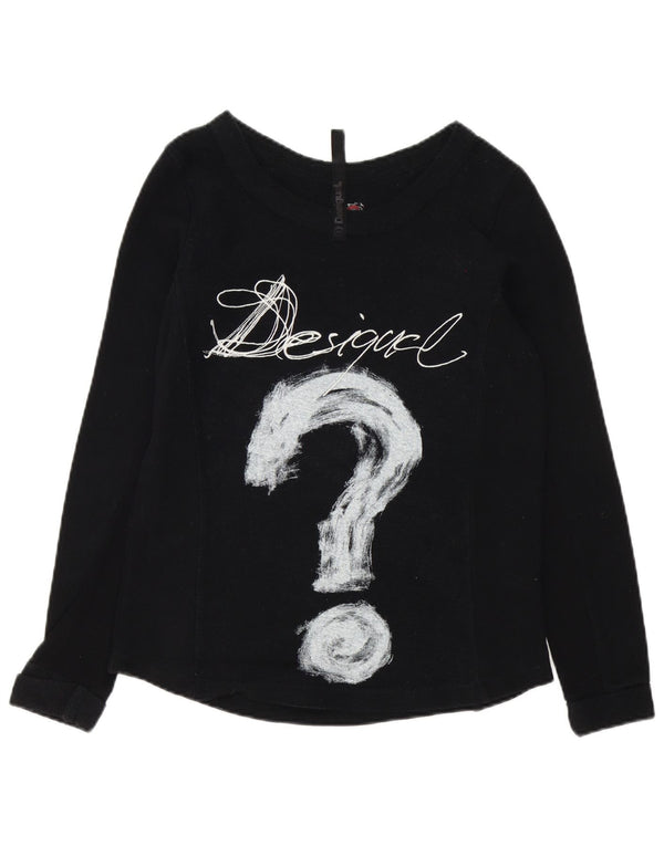 Desigual Donna Graphic Top Manica Lunga UK 14 Medio Nero Cotone