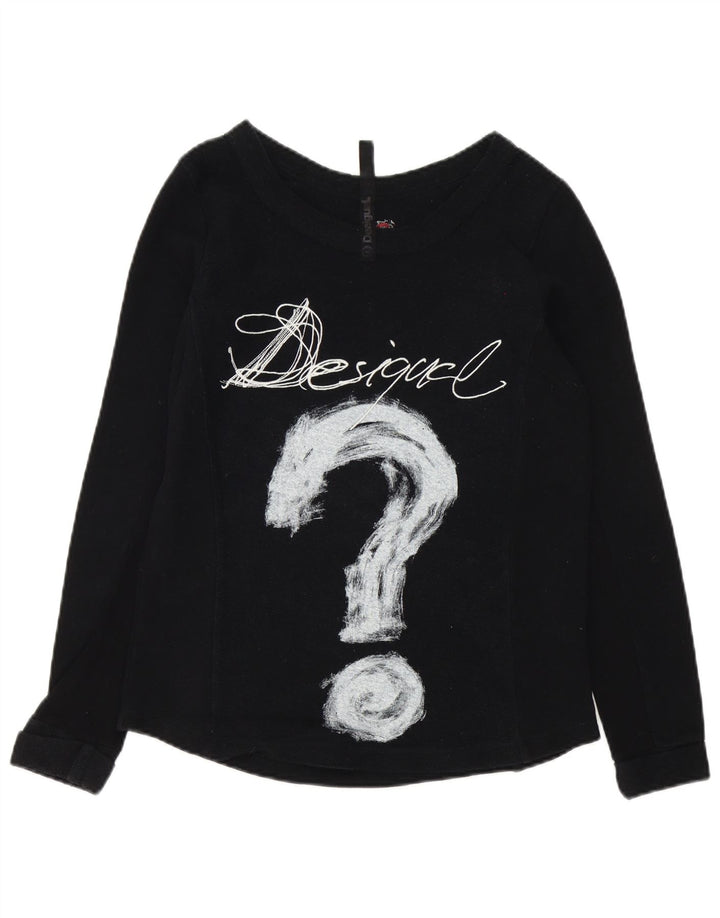 Desigual Donna Graphic Top Manica Lunga UK 14 Medio Nero Cotone