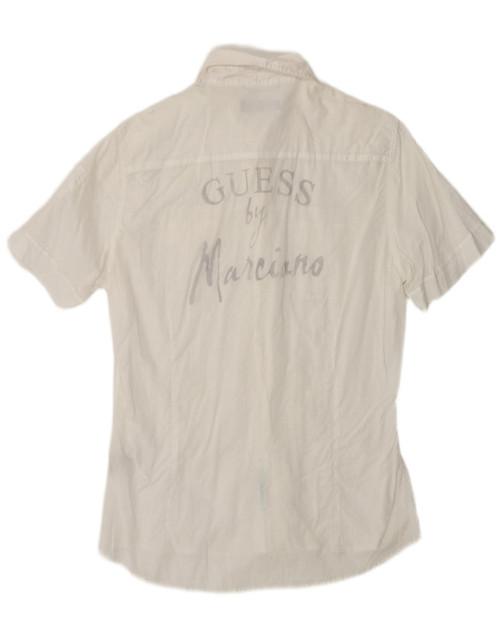 GUESS Camicia grafica da uomo a maniche corte piccola in cotone bianco