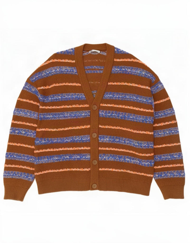 Maglione cardigan da uomo Zara in cotone a righe marrone medio
