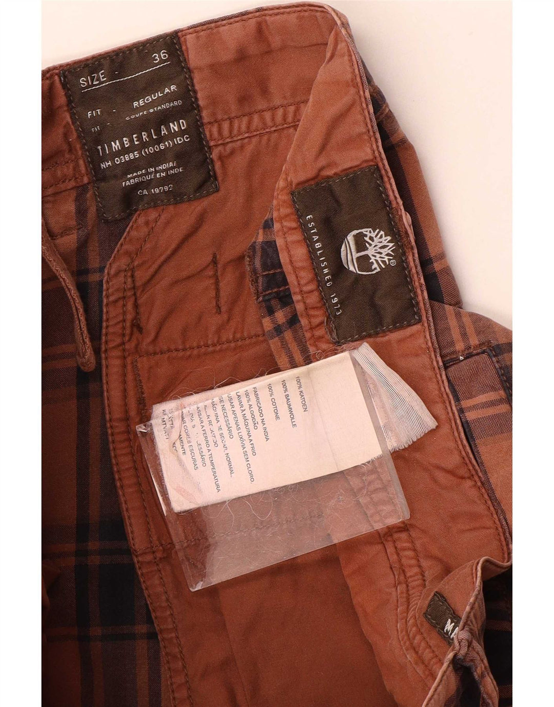 Pantaloncini chino regolari da uomo Timberland W36 grande cotone scozzese marrone