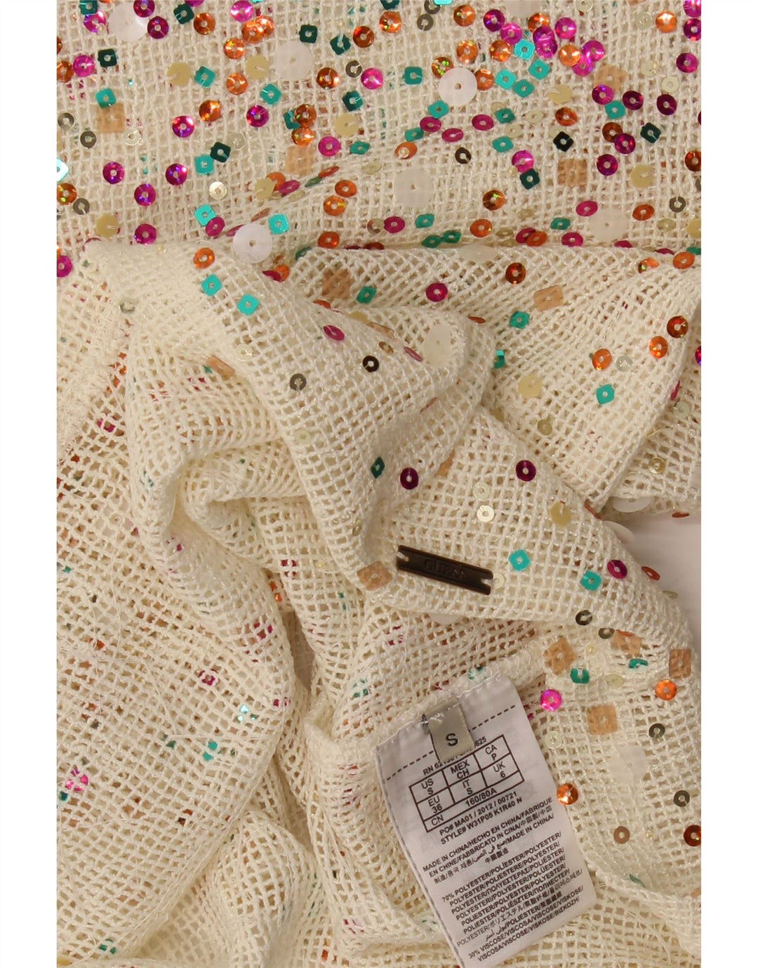 GUESS Camicetta da donna all'uncinetto con paillettes Top UK 10 Small Poliestere bianco sporco