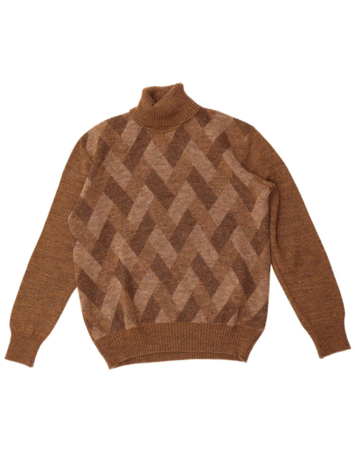 Maglione vintage da uomo con collo alto e maglione marrone medio a rombi/diamante