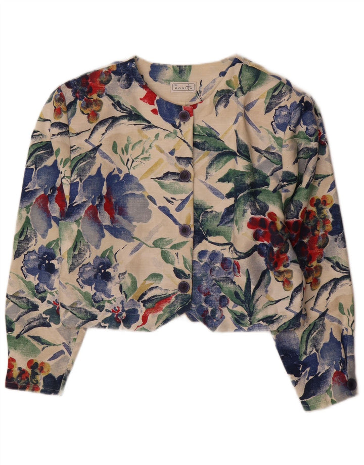 BONITA Giacca blazer a 4 bottoni corta da donna UK 10 Piccolo floreale multicolore