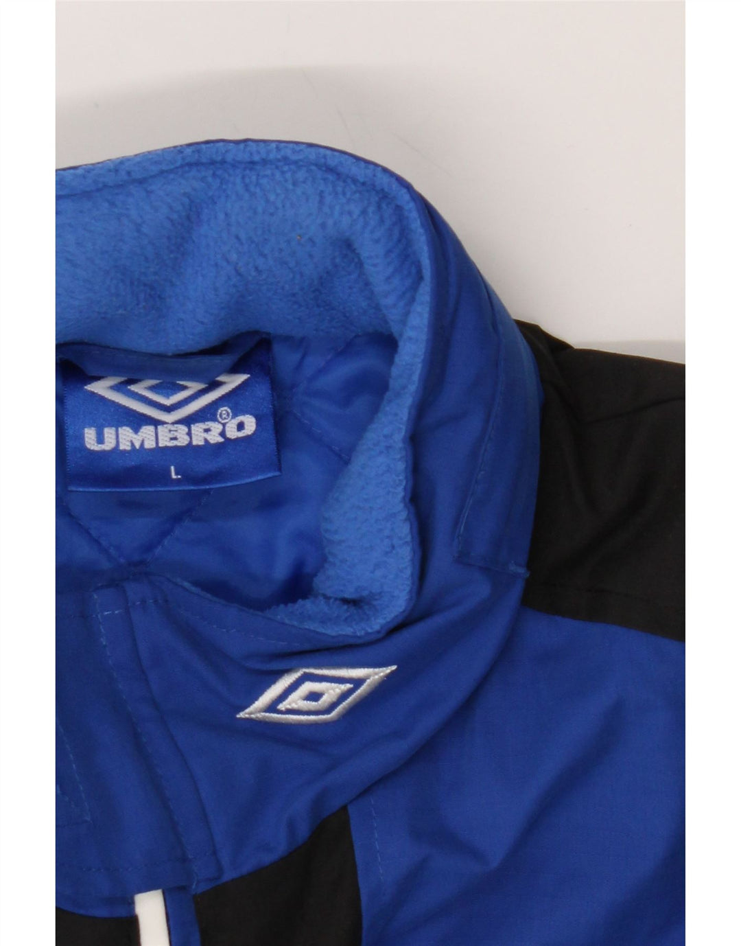 UMBRO Mens Hooded Padded Coat UK 40 Large Navy Blue Colourblock Polyester Vintage Umbro and Second-Hand Umbro from Messina Hembry 