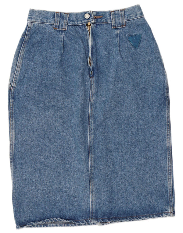 Gonna di jeans a vita alta da donna vintage IT 46 grande cotone floreale blu