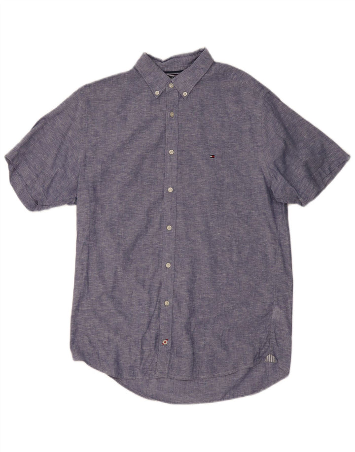 TOMMY HILFIGER Camicia a maniche corte da uomo in cotone screziato blu medio