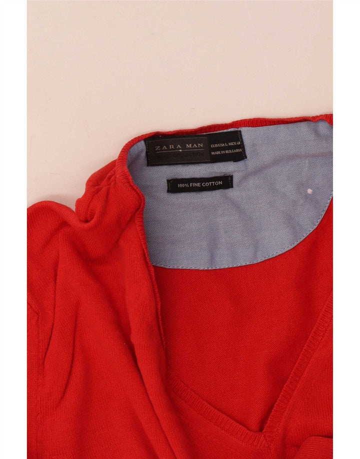 Maglione Zara da uomo con scollo a V grande in cotone rosso