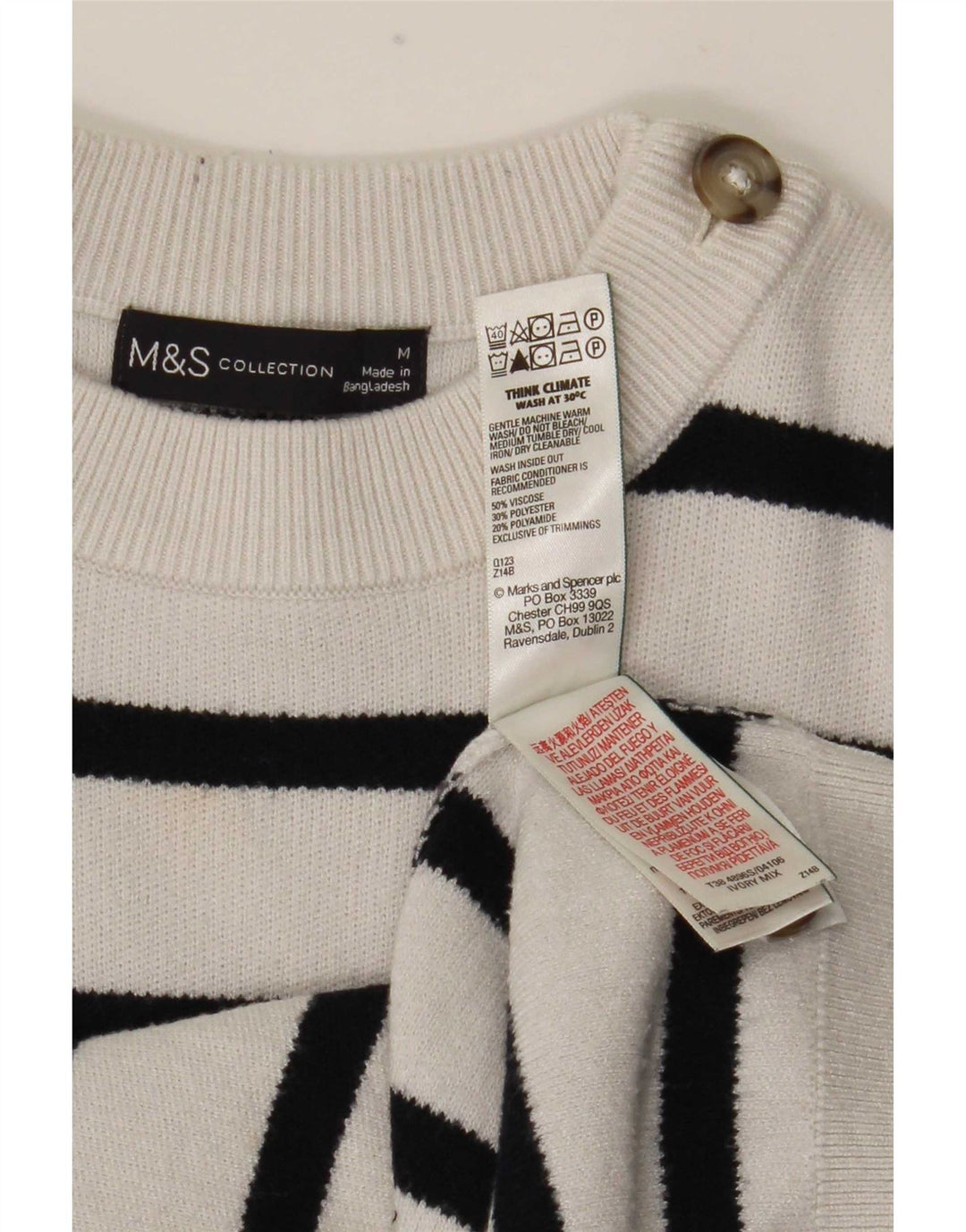 Maglione maglione girocollo da donna Marks & Spencer UK 14 a righe bianche medie