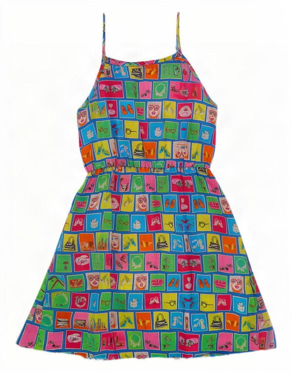 Prendisole grafico da donna vintage UK 14 grande cotone patchwork multicolore