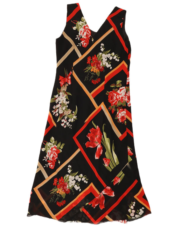 Abito vintage da donna senza maniche a trapezio UK 14 Grande viscosa floreale nera