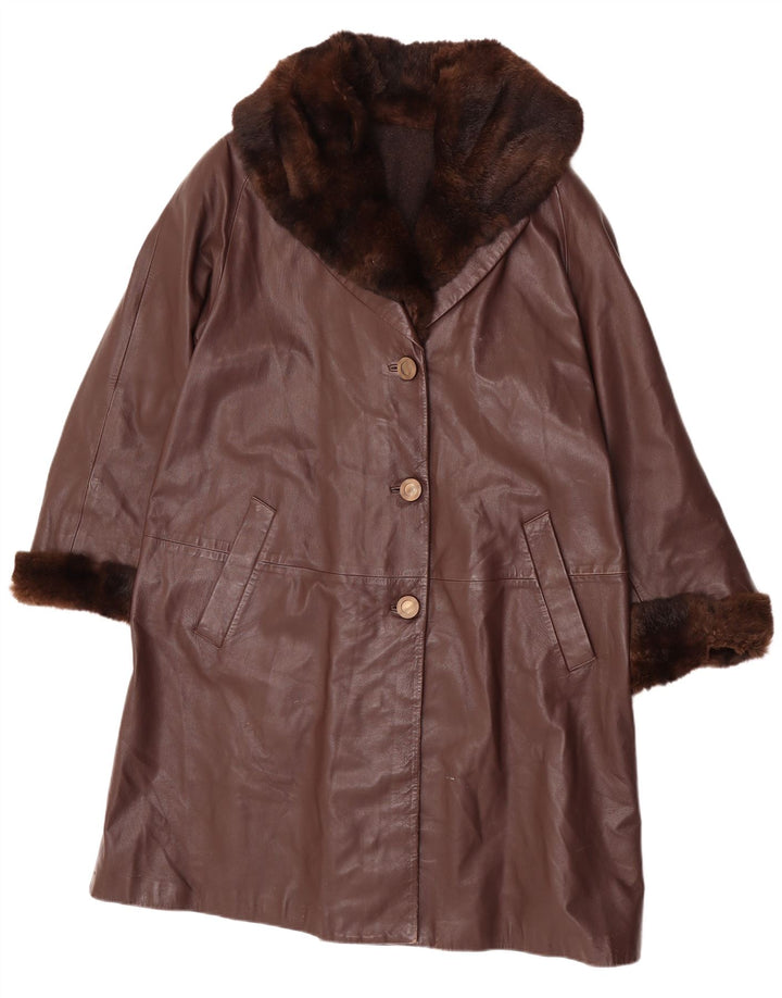 Cappotto in pelle vintage da donna IT 46 grande in pelle marrone