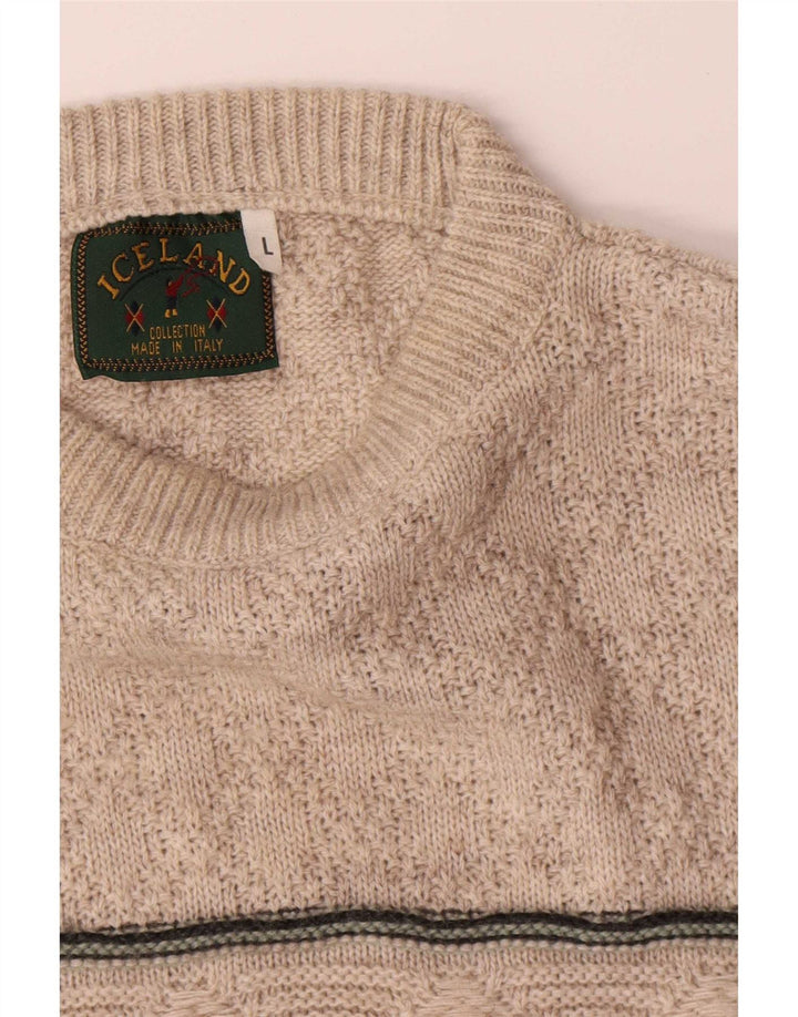 Maglione maglione girocollo da uomo islandese, lana a righe beige grande