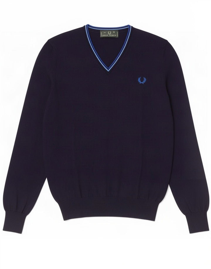 Maglione da uomo con scollo a V Fred Perry in cotone blu navy medio