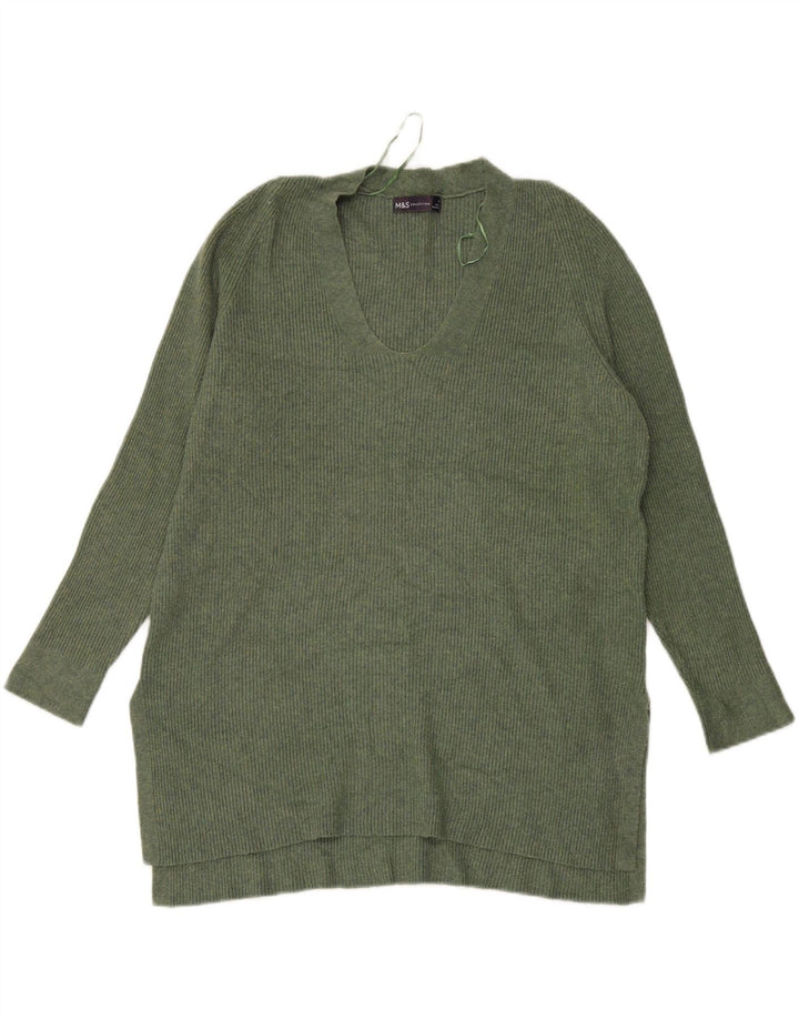 MARKS & SPENCER Womens V-Neck Jumper Sweater UK 12 Medium Green Polyester Vintage Marks & Spencer and Second-Hand Marks & Spencer from Messina Hembry 