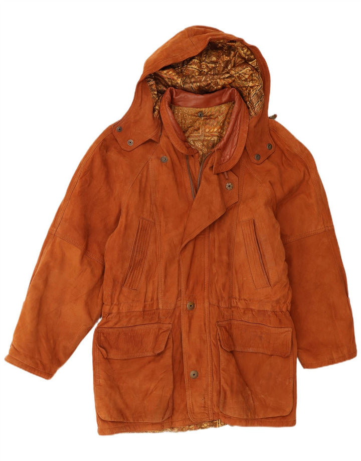 Parka vintage da uomo in pelle scamosciata con cappuccio IT 50 grande in pelle marrone
