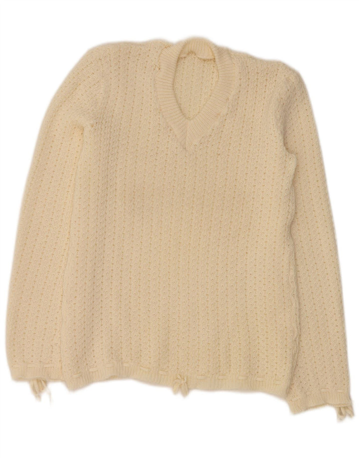Maglione maglione con scollo a V da donna VINTAGE UK 12 medio bianco sporco