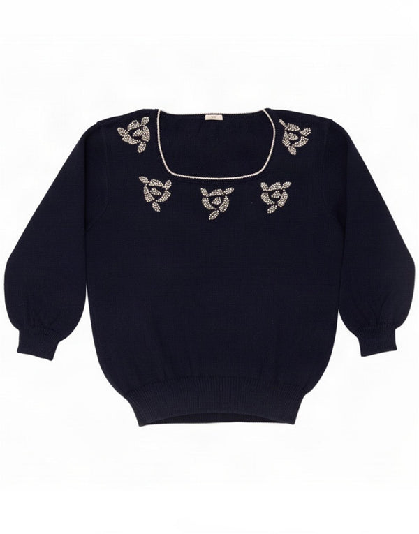 Maglione vintage da donna a maniche corte con scollo a barca UK 16 Large Blu navy