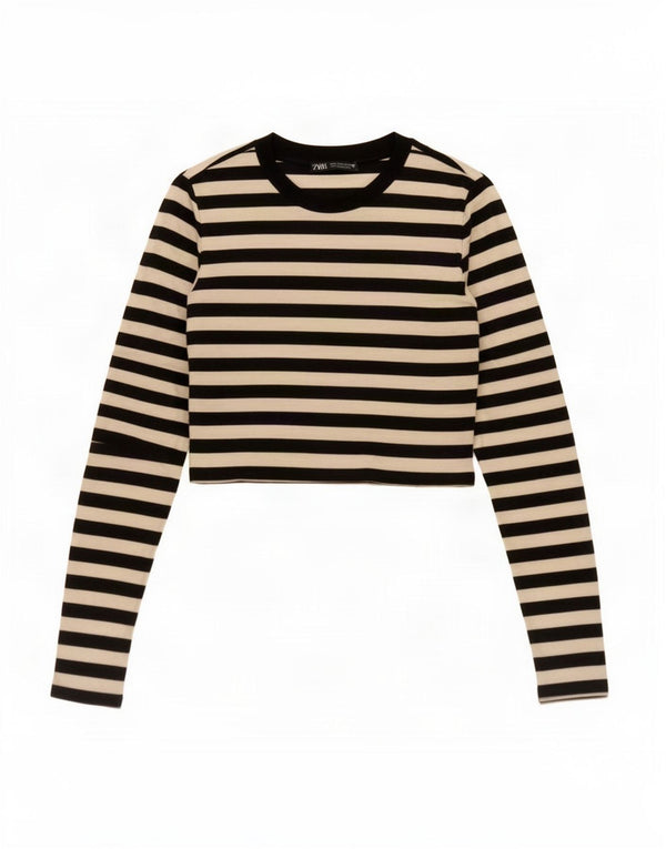 Top corto da donna Zara a maniche lunghe UK 14 grande cotone a righe bianche