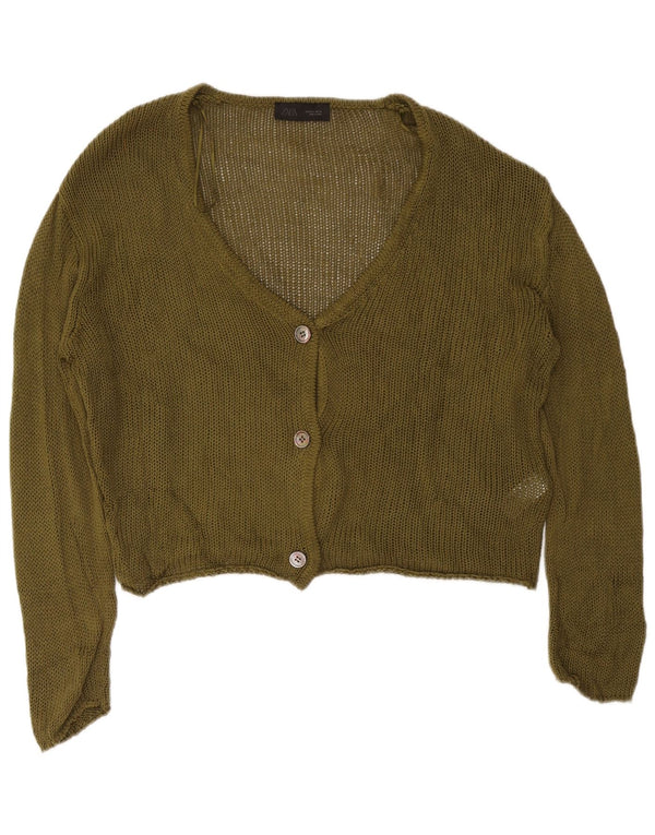 Maglione cardigan corto da donna Zara UK 16 grande cotone kaki