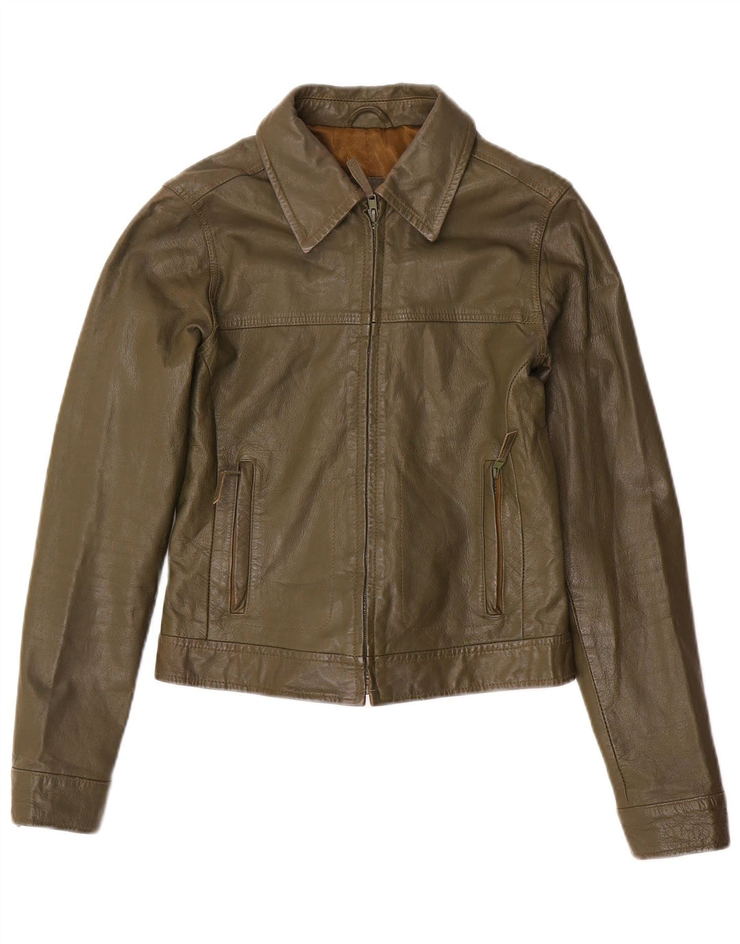 Zara Donna Trafaluc Giacca Corta in Pelle UK 12 Medium Khaki Pelle