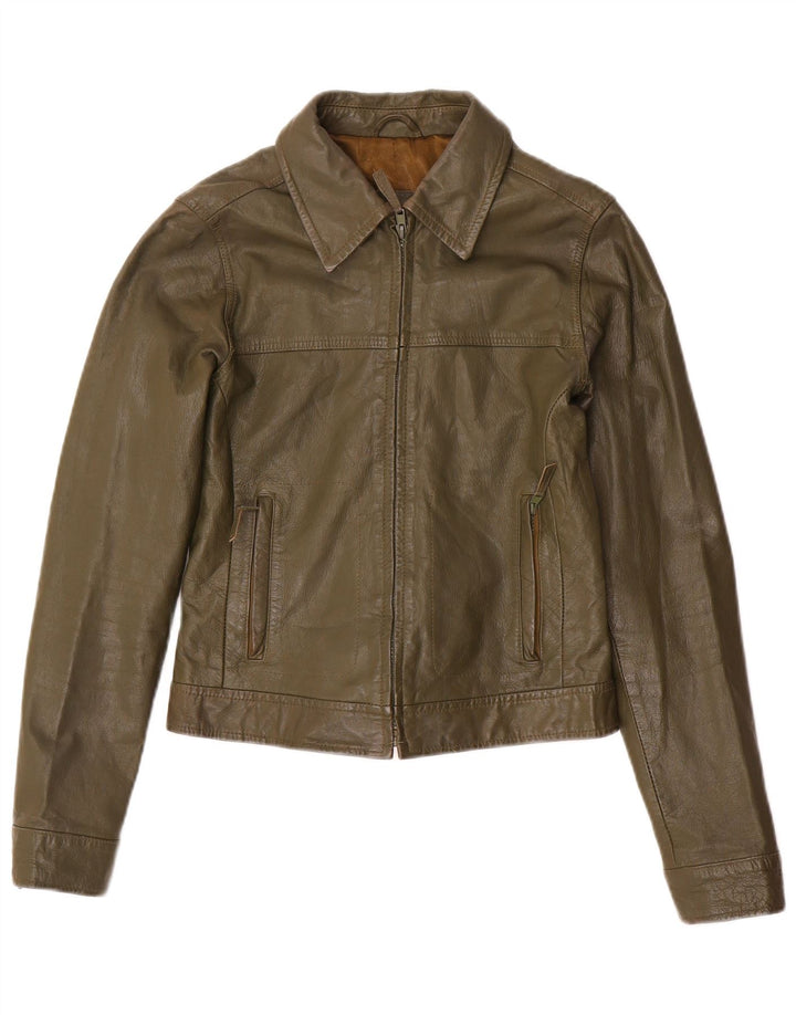 Zara Donna Trafaluc Giacca Corta in Pelle UK 12 Medium Khaki Pelle
