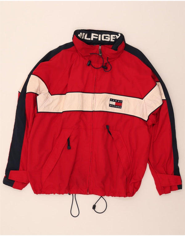 Tommy Hilfiger Giacca antipioggia da uomo con cappuccio UK 40 Large Rosso Colourblock Nylon