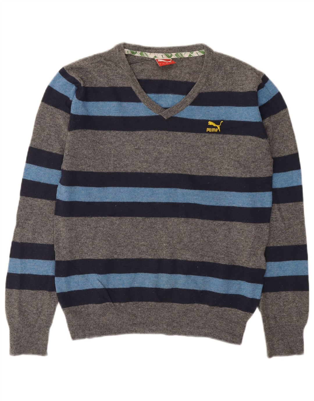 Maglione Puma da uomo con scollo a V piccolo grigio in lana d'agnello color block
