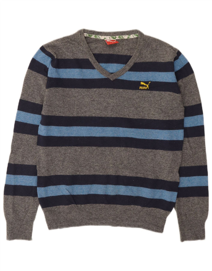 Maglione Puma da uomo con scollo a V piccolo grigio in lana d'agnello color block