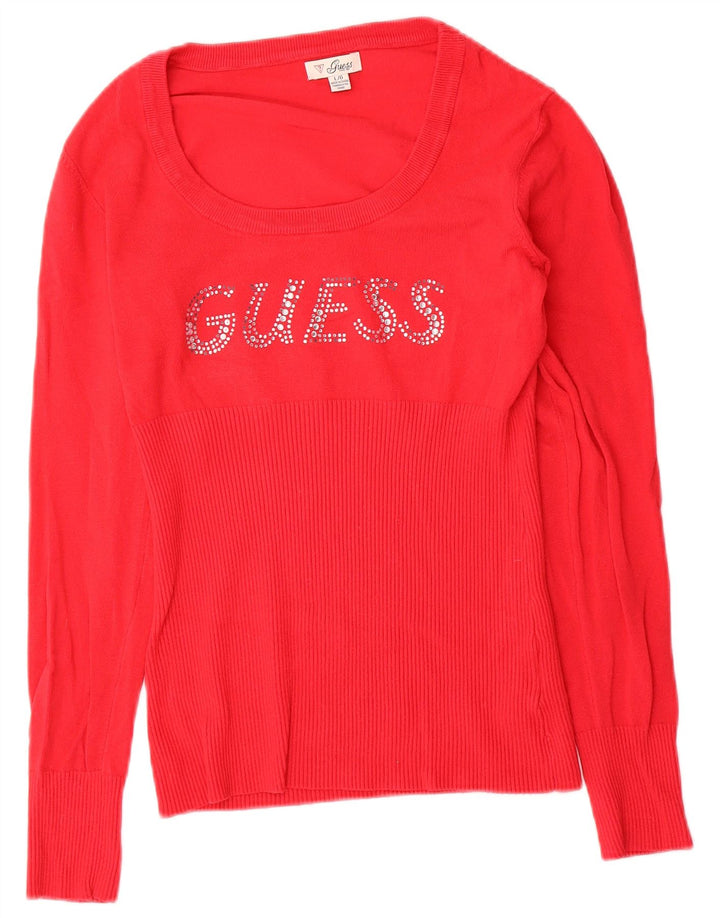 Guess Maglione da donna con scollo a barchetta con grafica UK 12 Rayon rosso medio