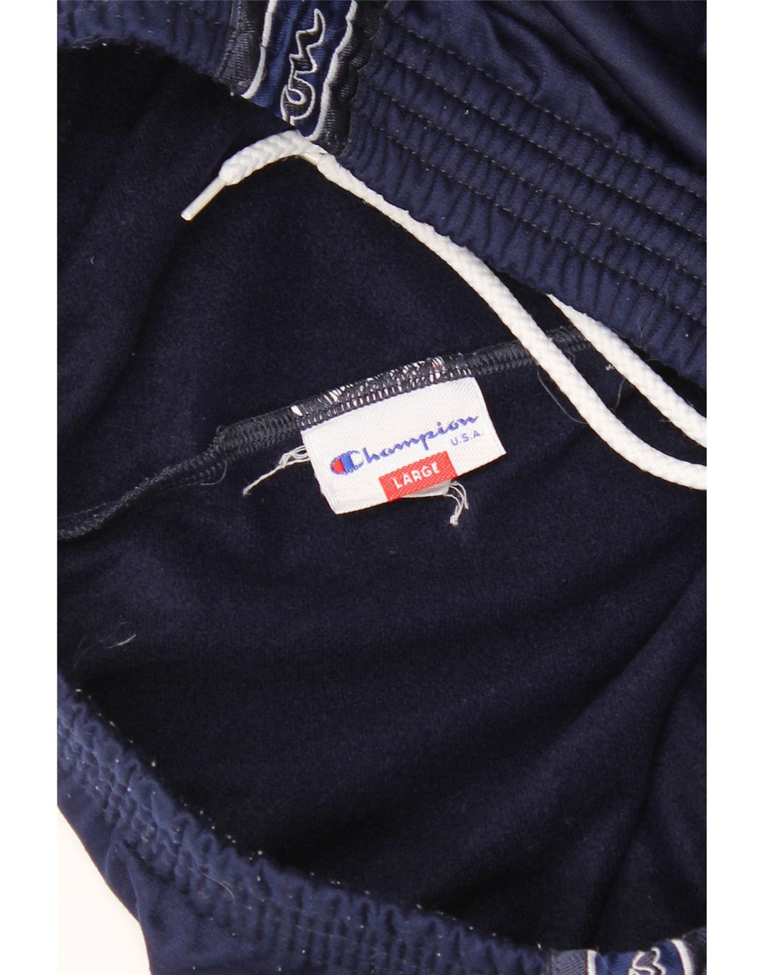 CHAMPION Mens Graphic Tracksuit Trousers Large  Navy Blue Polyester Vintage Champion and Second-Hand Champion from Messina Hembry 