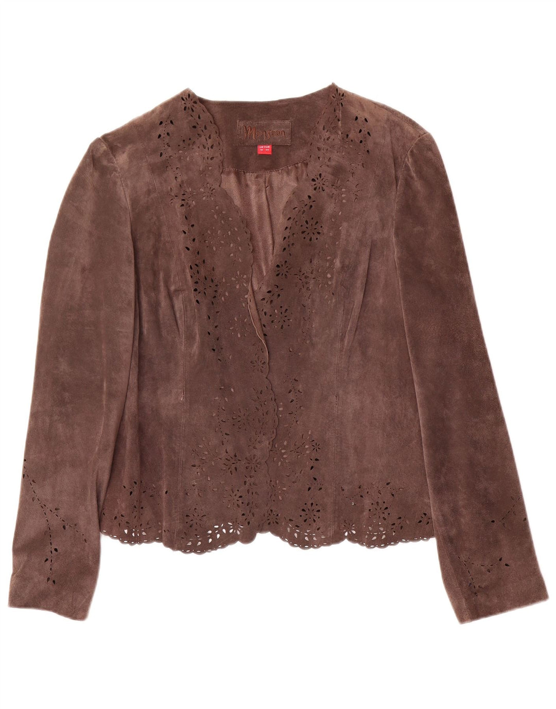 MONSOON Giacca blazer in pelle scamosciata aperta da donna UK 16 Grande pelle marrone