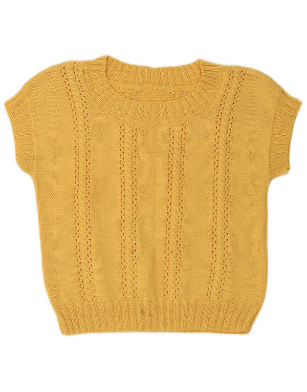 Maglione vintage da donna a maniche corte con scollo a barca UK 14 Giallo medio