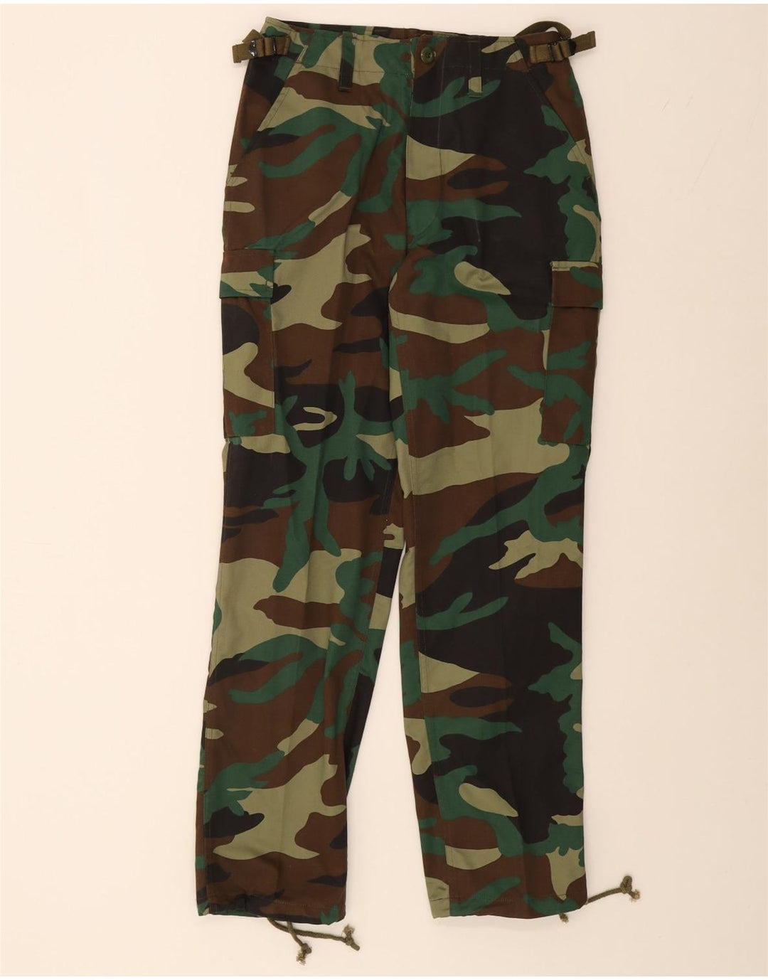 VINTAGE Mens Straight Cargo Trousers W29 L30 Khaki Camouflage Polyester Vintage Vintage and Second-Hand Vintage from Messina Hembry 