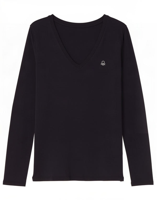 Top da donna Benetton manica lunga UK 12 medio blu navy