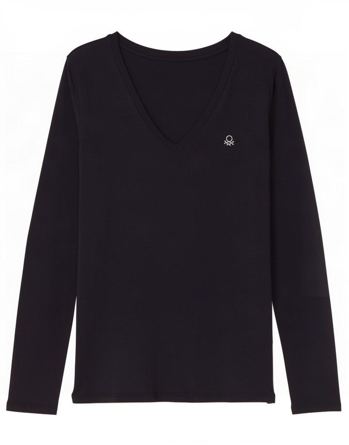 Top da donna Benetton manica lunga UK 12 medio blu navy