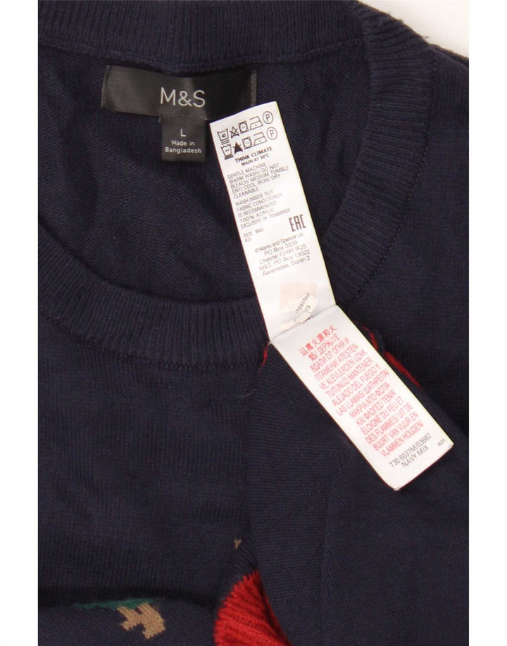 Maglione maglione girocollo da uomo Marks & Spencer grande blu navy Fair Isle