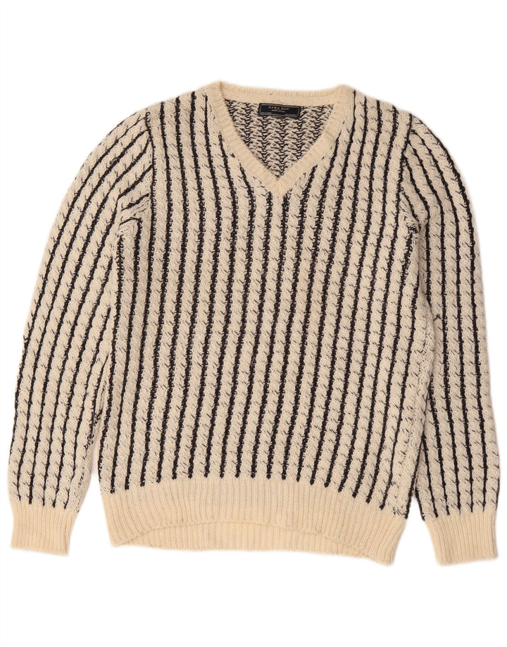 Maglione Zara da uomo con scollo a V, acrilico a righe grandi bianche