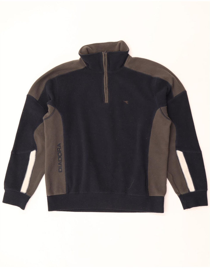 Maglione in pile da uomo Diadora con zip e collo medio in poliestere color block blu navy