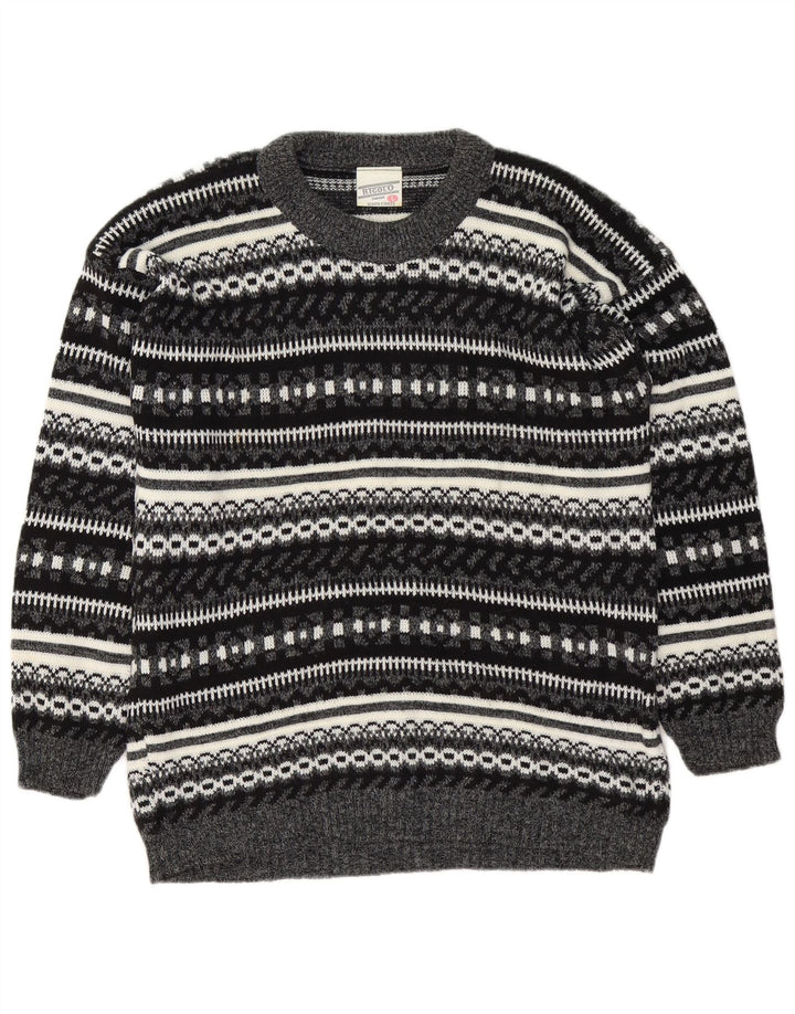 Maglione vintage da uomo con scollo a barca, grande grigio Fair Isle