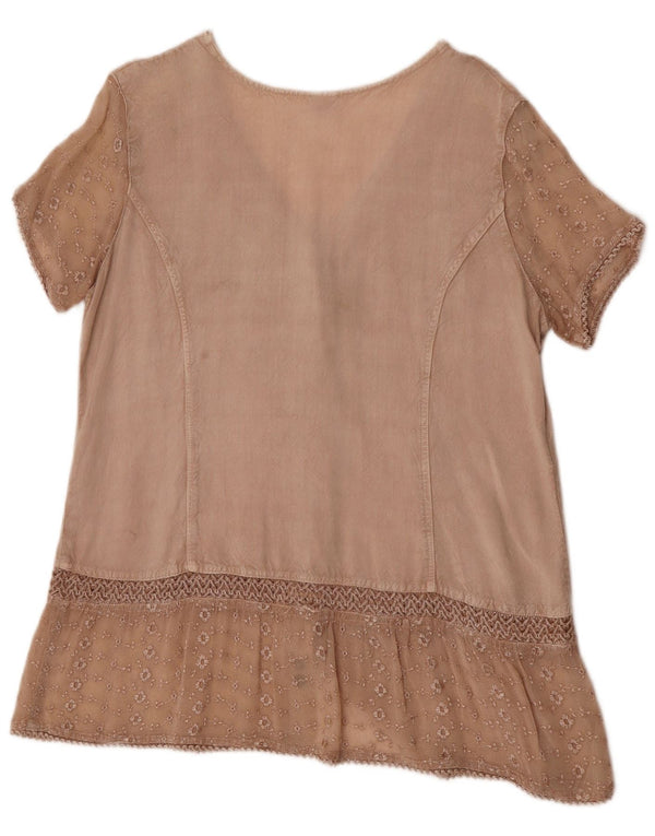 Camicetta vintage da donna a maniche corte UK 14 Viscosa floreale beige medio