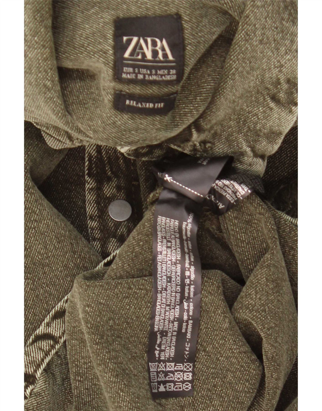Camicia Zara da uomo in denim dalla vestibilità comoda e invecchiata, piccola, in cotone kaki