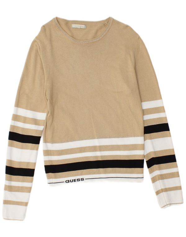 Maglione maglione con scollo a barca da donna Guess UK 14 Viscosa a righe beige grande