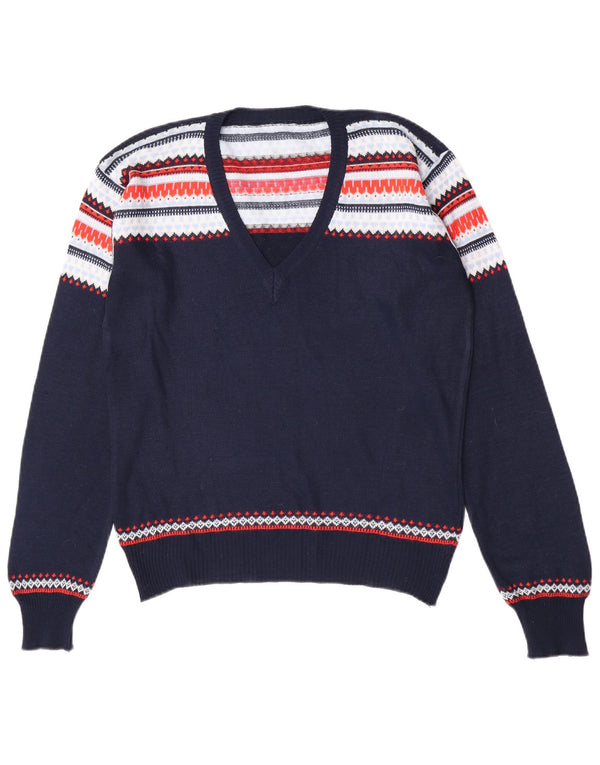 Maglione maglione vintage da donna con scollo a V UK 14 grande blu navy Fair Isle retrò