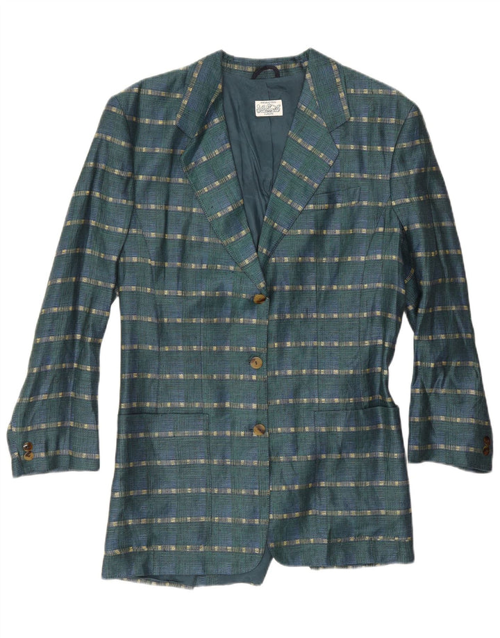 Giacca blazer vintage da donna a 3 bottoni UK 14 Lino a righe verde medio