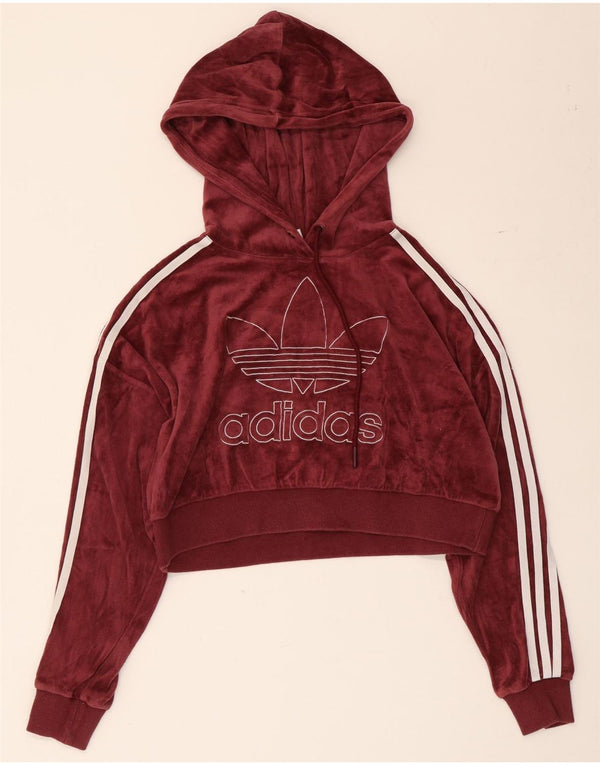 Felpa con cappuccio corta grafica oversize da donna Adidas UK 4 XS cotone bordeaux