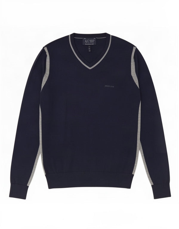 Armani Mens Slim Fit V-Neck Jumper Sweater XL Navy Blue Colourblock